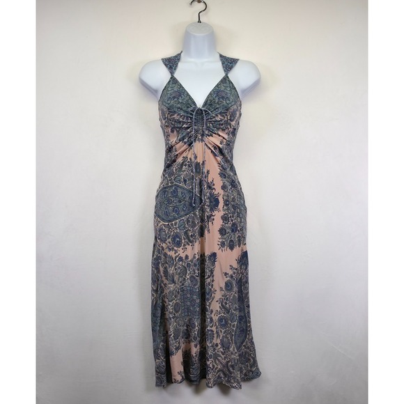 Plenty Dress Womens 4 Blue Pink Silk Chiffon Floral Paisley Ruched Timeless Midi - Picture 2 of 16